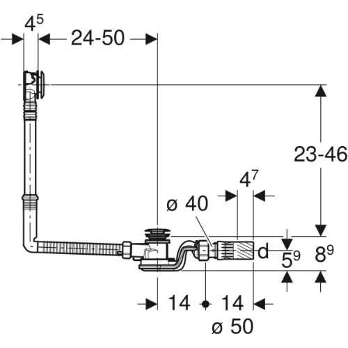 Geberit Uniflex évacuation baignoire avec bouton-poussoir PushControl, d52, longueur 50 cm, avec set de finition: Chromé brillant, d=40/50mm