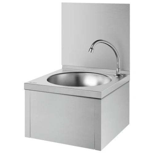 Delabie SXS lavabo avec dosseret et commande au genou 385 x 385 mm - RVS 304 mat - avec robinet à fermeture automatique - sans trop-plein