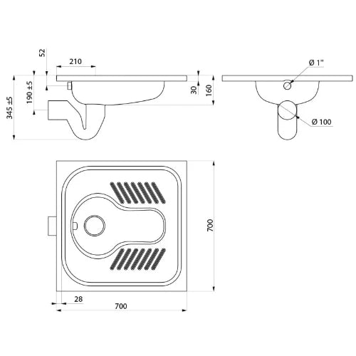 DELABIE WC turc SHA 700 1 effet d'eau avec siphon Ø1" Inox 304 sat.