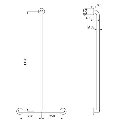 DELABIE Barre de maintien en T Ø32 1150x500 Inox poli brillant