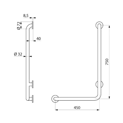 Delabie barre de maintien en L 750 x 450 mm diam 30 mm - inox poli satiné - modèle à gauche