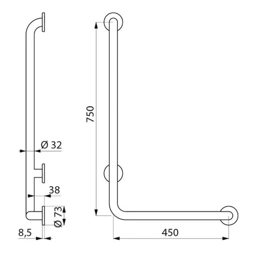 POIGNEE DELABIE 450MM - 750MM ! 32 blanc modèle équerre 90° Nylon - Incl. Fixation de RVS