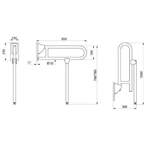 DELABIE opklapbare greep met voet gepolijst 850mm gepolijst