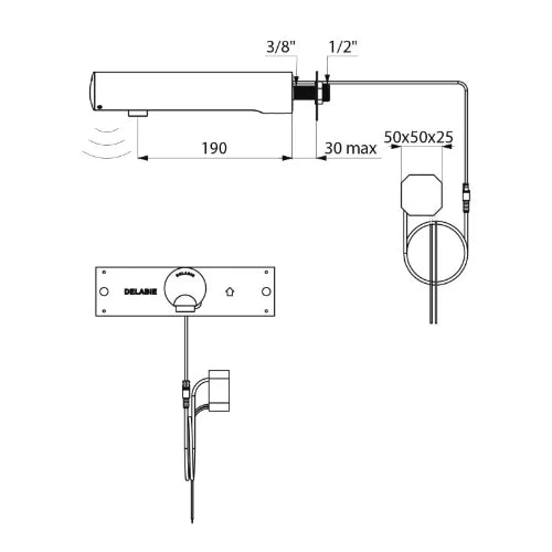 ROBINET DE LAVABO DELABIE TEMPOMATIC 4 bec 190mm-cde IR-EF s.secteur bloc encastré-arrée d'eau encastrée