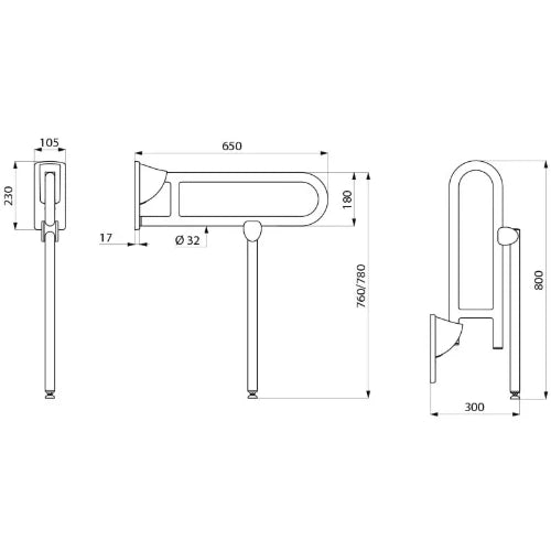 DELABIE opklapbare greep met voet nylon 650mm wit