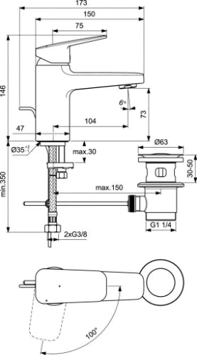 Procasa Ceraplan 4 mitigeur lavabo 75 - chromé - avec démarrage à froid et vidage