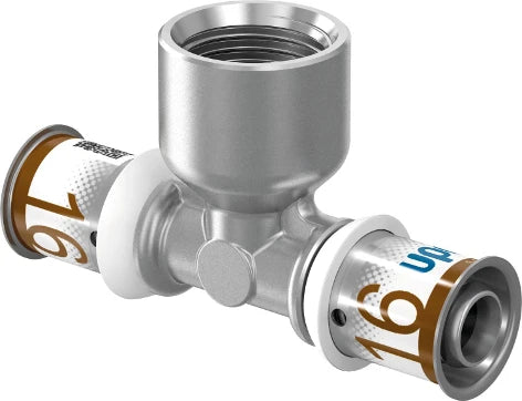 Uponor S-Press Plus laiton té réduit avec filetage femelle 90° FFF 16 x 1/2 F x 16