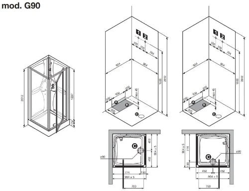 Novellini Media cabine de douche 900 x 900 x 2012 mm - blanc - acryl verre de sécurité avec thermostat,set de douche et set de raccordement