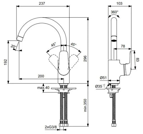 IDEAL STANDARD Ceraflex Mitigeur cuisine avec bec haut  chromé