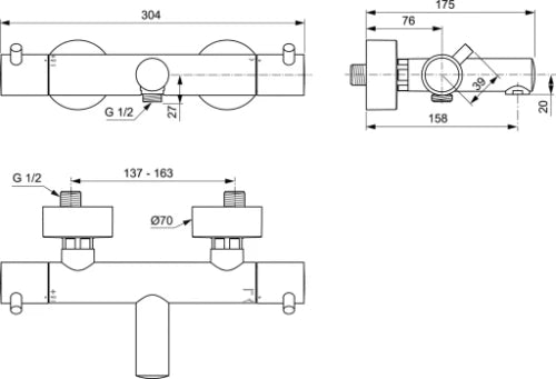 Ideal Standard Ceratherm T125 robinet thermostatique bain avec pin poignées - chromé