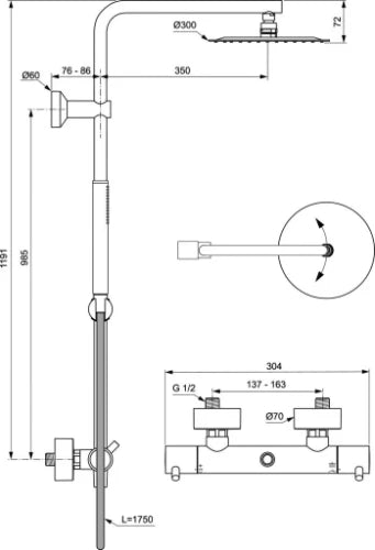 Ideal Standard Ceratherm T125 système de douche avec Ceratherm T125 - IdealRain douchette en stick avec 1 fonction - 8 l/min - douche de tête 300 mm - 12 l/min et IdealFlex 1750 mm. - look inox