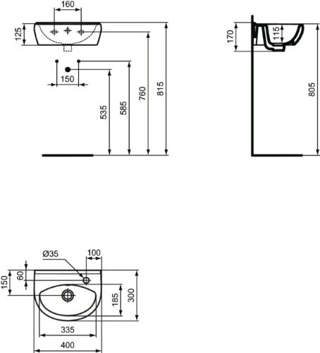 Procasa Alpha lave-mains 400 x 300 x 170 mm - blanc - avec trou de robinet droite - avec trop-plein