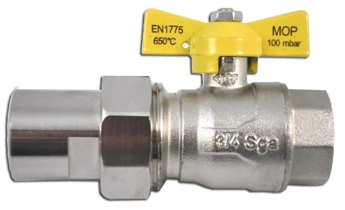 SGA robinet gaz à bille avec levier papillon (jaune) en raccord FF 1/2 x 1/2 - ARGB agrée EN1775