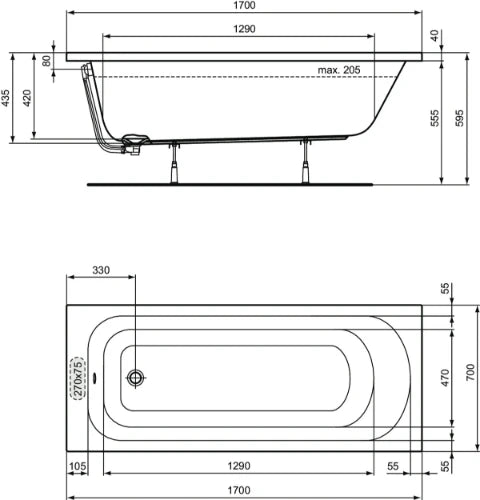 Ideal Standard Simplicity baignoire 1700 x 700 mm - glossy white - excl pieds