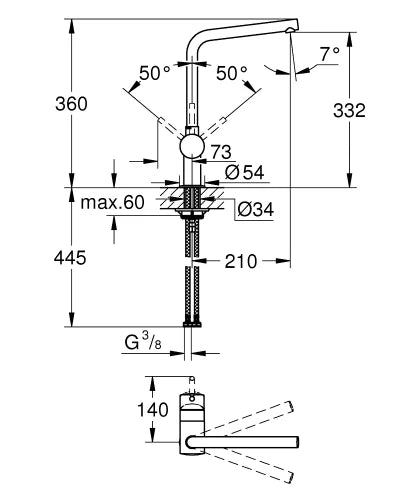 Grohe Minta mitigeur cuisine - chromé - L-bec d'écoulement - débit réglable