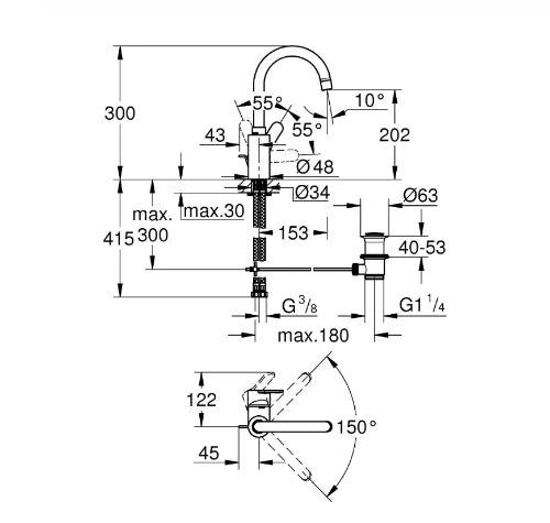 Grohe Eurostyle Cosmopolitan mitigeur lavabo, bec haut, vidage automatique, chromé