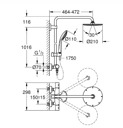 Grohe Euphoria XXL 210 colonne de douche chromé montage mural a/mitigeur thermo.-douche de tête- d/ à main
