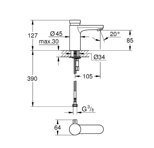 Grohe Eurosmart Cosmopolitan T robinet temporisé chromé chauffe-eau 6 l/min - temps d'écoulement 7 sec