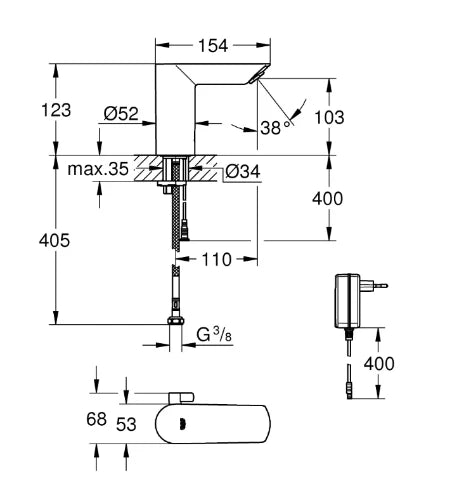 Grohe Bau Cosmopolitan E IR mitigeur lavabo avec sensor et limitateur de débit réglable chromé