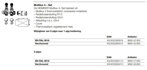 Heimeier Multilux 4 vanne raccordement radiateur 50-100% - raccordement sol/mur - blanc - incl tête thermostatique Halo - blanc - 1/2 x EK3/4