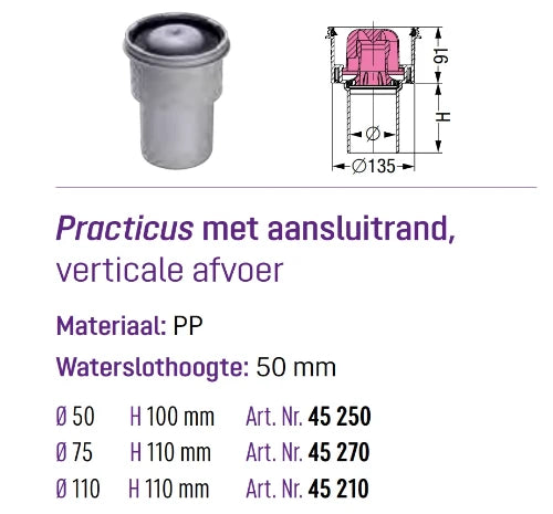 Kessel Practicus PP siphon de sol 50 mm - verticale - garde d'eau 50mm - 1,8 l/sec