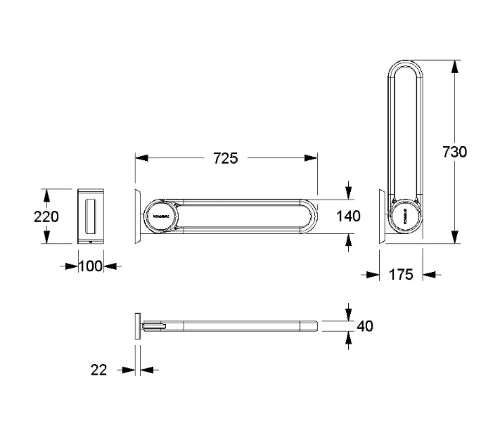 Normbau Cavere Barre d'appui rabattable vario 7447020, amovible, L = 725 mm, avec platine de fixation, Cavere® Blanc satiné 092