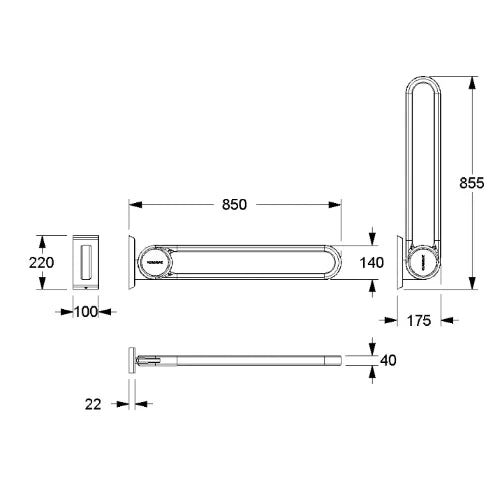Normbau Cavere Barre d'appui rabattable vario 7447030, amovible, L = 850 mm, avec platine de fixation, Cavere® anthracite métallisé 095