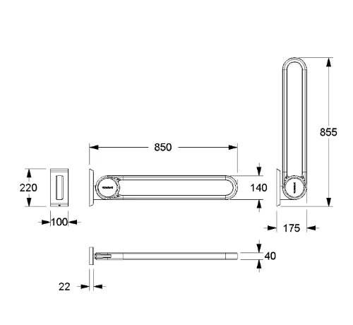 Normbau Cavere Barre d'appui rabattable vario 7447030, amovible, L = 850 mm, avec platine de fixation, Cavere® Blanc satiné 092