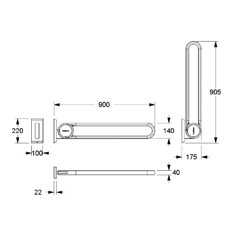 Normbau Cavere Barre d'appui rabattable vario 7447040, amovible, L = 900 mm, avec platine de fixation, Cavere® Blanc satiné 092