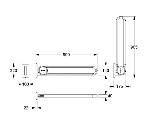 Normbau Cavere Barre d'appui rabattable vario 7447040, amovible, L = 900 mm, avec platine de fixation, Noir carbone 091