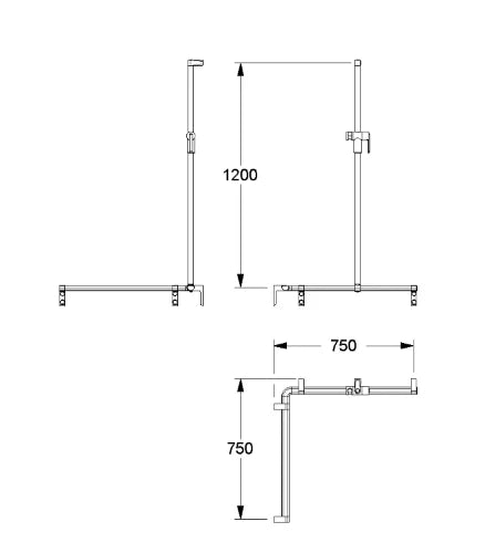 Normbau Main courante de maintien avec support de douchette à position réglable, 750 x 750 x 1200 mm, à droite, Cavere® Blanc satiné 092