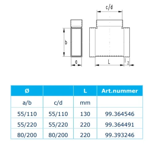 Sanutal Mecano Te 90° horizontal 55 x 220 - 55 x 220 - 55 x 220 mm