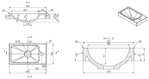 Procasa Thiny lave-mains en composite 400 x 220 mm - blanc - avec trou de robinet - sans trop-plein - réversible sans trous de fixation