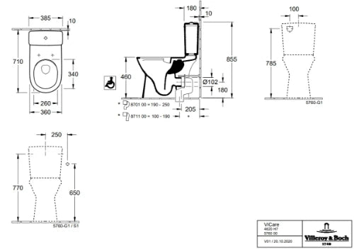 Villeroy & Boch ViCare cuvette à poser rehaussée PACK (cuvette + réservoir + siège) sortie H - blanc - B360xD710 mm