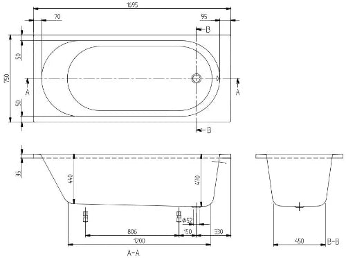BAIGNOIRE acryl VILLEROY & BOCH O.NOVO 170 - 75 o CM blanc rectangulaire sans pieds et sans vidage