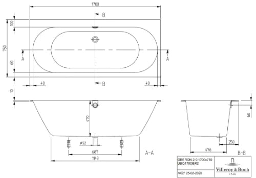 Villeroy & Boch Oberon 2.0 baignoire quaryl 1700 x 750 mm - blanc - avec pieds