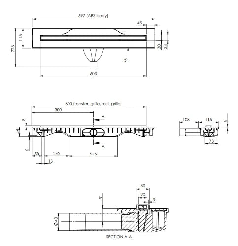 Carrodrain Cayman rigole de douche avec grille 600 mm - Inox - hauteur d'encastrement 60 mm - débit 31 l/m