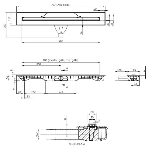 Carrodrain Cayman rigole de douche avec grille 700 mm - Champagne - hauteur d'encastrement 60 mm - débit 31 l/m