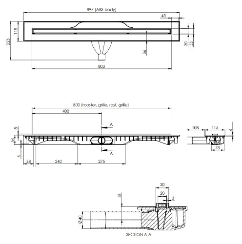 Carrodrain Cayman rigole de douche avec grille 800 mm - Champagne - hauteur d'encastrement 60 mm - débit 31 l/m