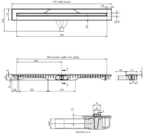 Carrodrain Cayman rigole de douche avec grille 900 mm - Champagne - hauteur d'encastrement 60 mm - débit 31 l/m
