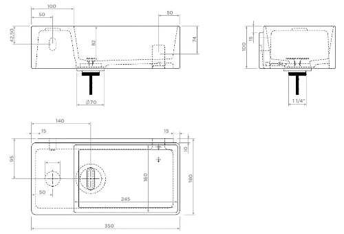 Clou New Flush 3 lavabo à poser/mural 350 x 180 x 100 mm - cuvette droite - blanc mat - aluite - sans trou de robinet - sans trop-plein - avec garniture de vidange