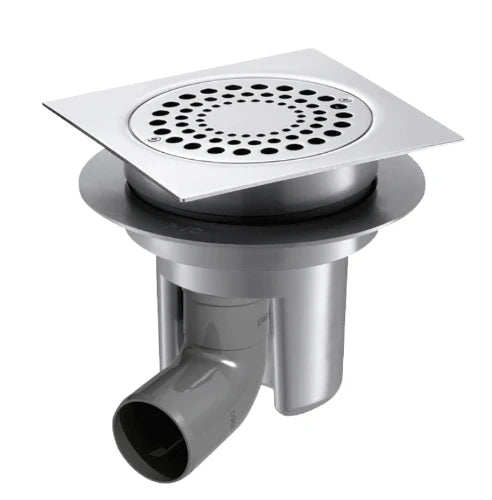 DELABIE Siphon sol dur 150x150 H. régl. sortie horizontale coude Ø50