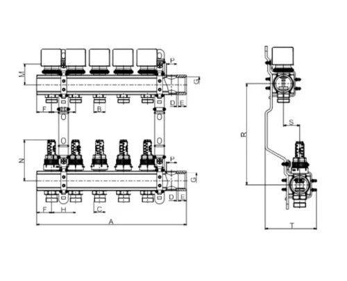 Begetube UFH laiton cAT1595:AT1626ollecteur set chauffage par le sol avec débitmètres et vannes 5/4 - 9 x M24 - colliers 200 mm - avec robinets de vidage collecteur set chauffage  5/4 - 9 x M2