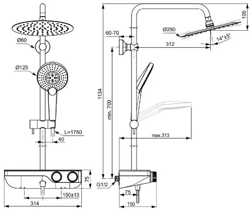 Ideal Standard Ceratherm S200 système de douche avec Ceratherm S200 avec tablette en verre - IdealRain Evo Jet douchette 125 mm avec 3 fonctions - 8 l/min - douche de tête 250 mm - 12 l/min et IdealFlex 1750 mm - chromé