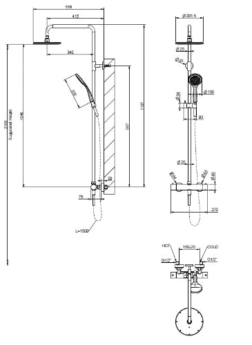 Gessi Emporio Shower set de douche thermostatique avec douche de tête 200 mm et douchette anticalcaire - flexible 1500 mm - Finox nickel brossé
