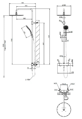Gessi Emporio Shower set de douche thermostatique avec douche de tête 300 mm et douchette anticalcaire - flexible 1500 mm - Finox nickel brossé