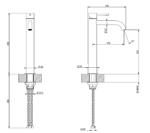 Gessi Flessa Mitigeur lavabo rehaussé, bec long. Sans vidage, avec flexibles de raccordement. Warm Bronze Br. PVD