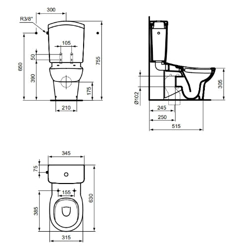 Ideal Standard Contour 21 réservoir de chasse pour WC enfant indépendant - blanc glossy - raccordement latéral
