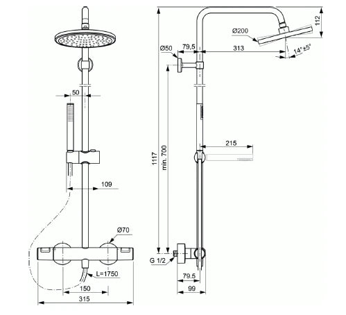 Ideal Standard Ceratherm système de douche avec douchette à main et douche de pluie ronde 200 mm - noir mat
