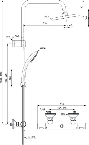 Ideal Standard Ceratherm T25 système de douche Flex avec Ceratherm T25, douchette IdealRain 100 mm avec 3 fonctions, 8 l/min, douche de tête IdealRain 200 mm, 12 l/min et IdealFlex 1600 mm. hauteur réglable à l'installation. - chromé